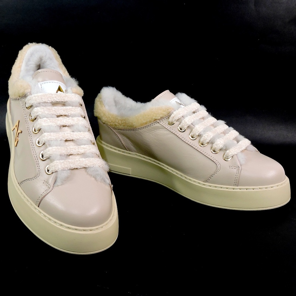 ALBERTO CICCIOLI 🇮🇹 WOMEN'S IVORY SOFT LEATHER COMFORT WINTER FUR SNEAKERS